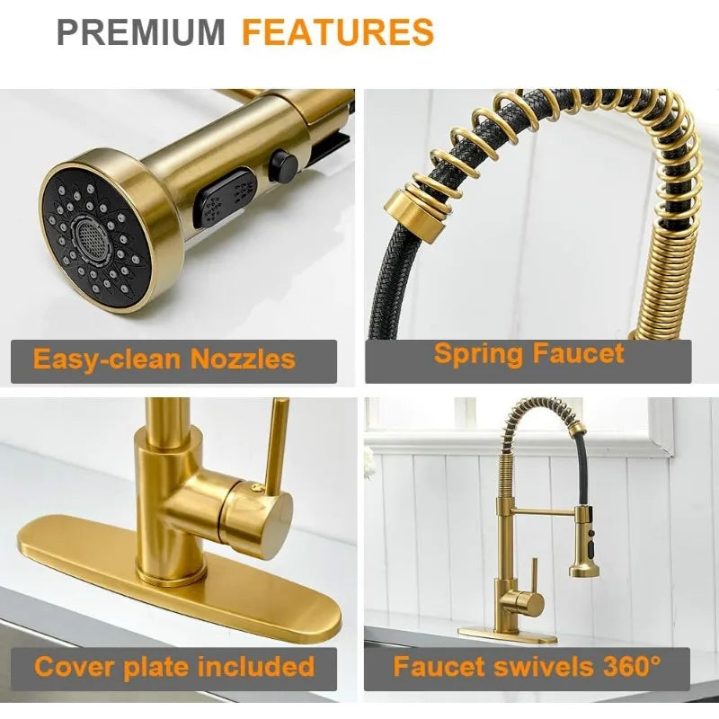 Brushed Gold High Arc Spring Kitchen Faucet with Pull Down Sprayer, Single Lever Kitchen. Handle