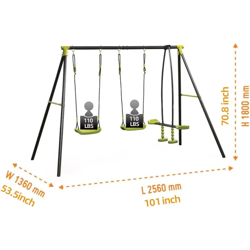 Triple Children Metal Safe Swing Set 440 Pounds Outdoor Playground Three Seat Swing Black and Green Ages 3 Plus