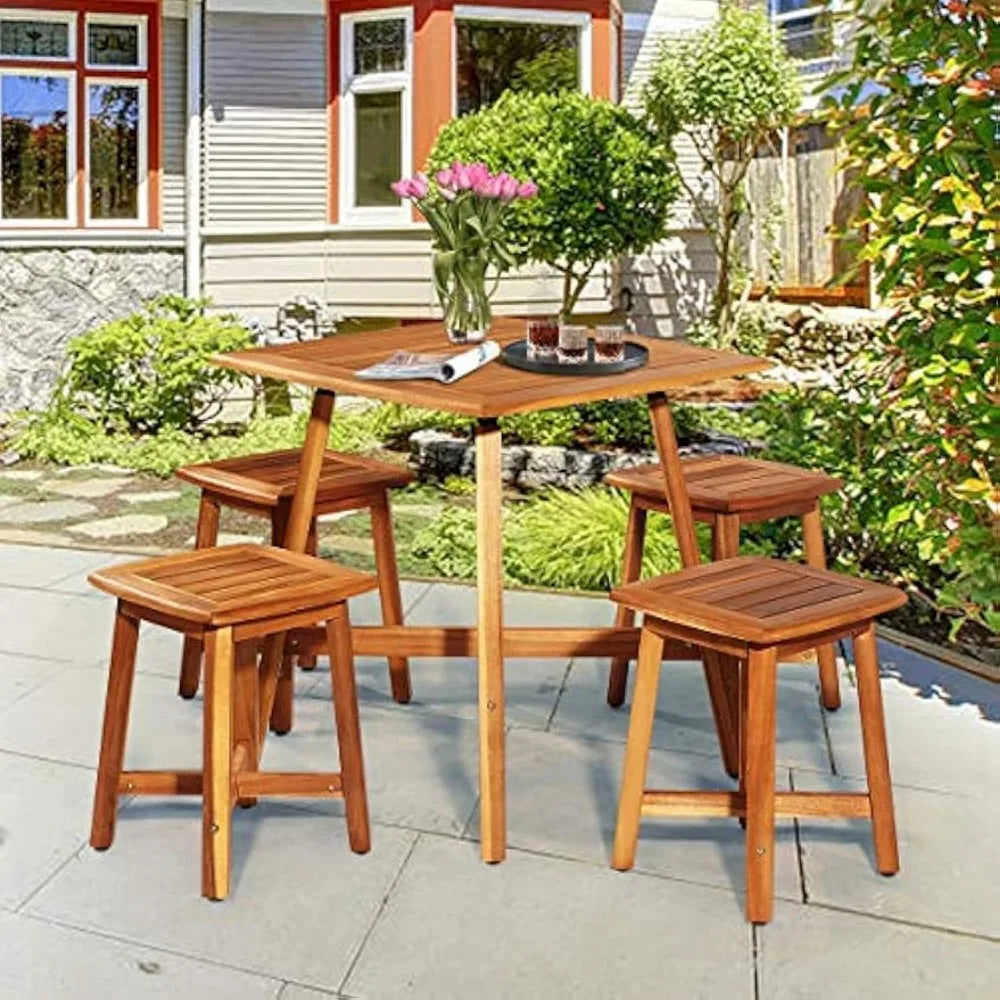 Acacia Wood 5 Piece Patio Dining Set With 4 Armless Stools