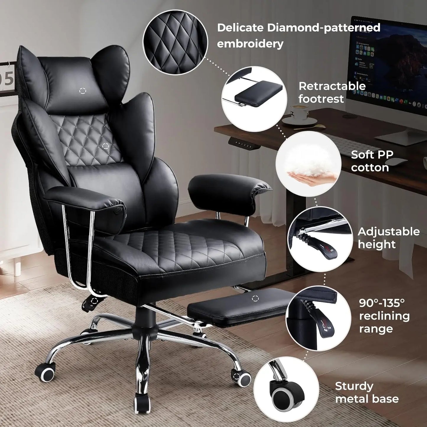 Big and Tall High Back Leather Gaming Chair with Footrest and Ergonomic Design