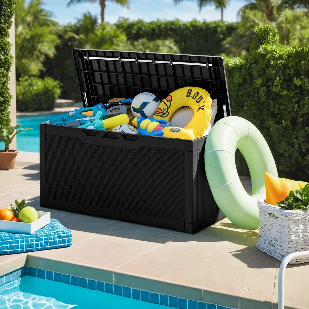 Classic Outdoor Resin Deck Box 100 Gallon Lockable Storage Container Waterproof Organizer for Patio Lawn and Pool Toys
