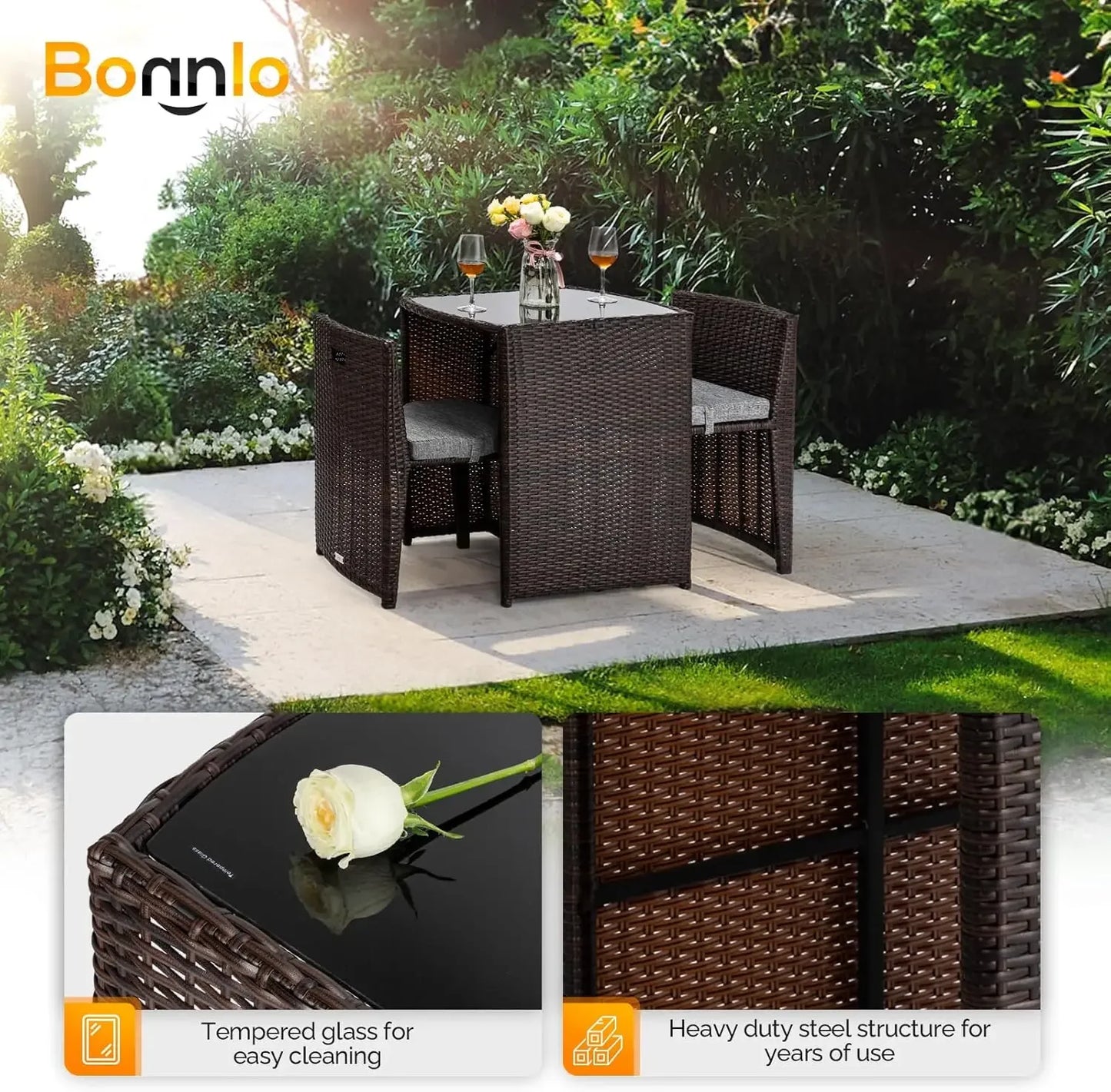 3 Piece Wicker Outdoor Patio Bistro Set with Glass Top Table and Dining Chairs for Small Spaces