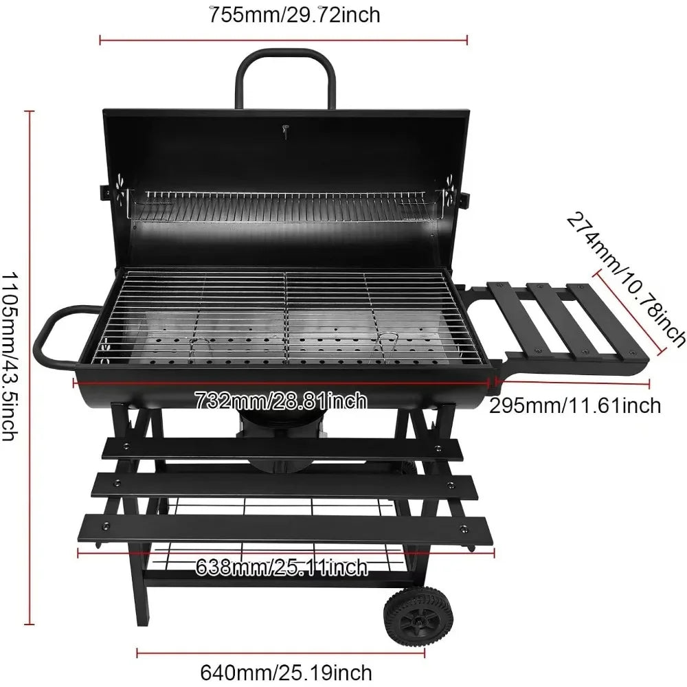 Charcoal BBQ Grill with 2 Foldable Side Tables and Pull-out Ash Tray