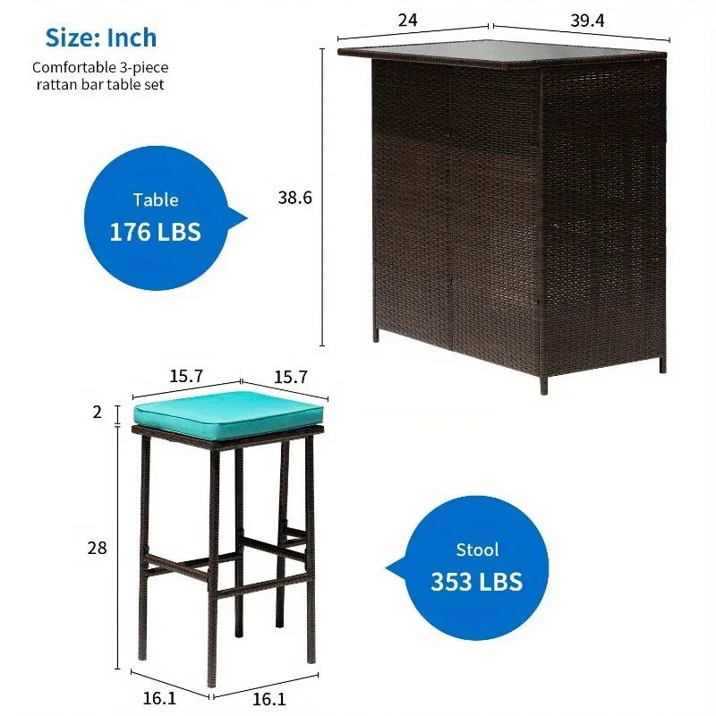 Three-Piece Outdoor Bar Set Wicker Counter High Table Set with Solid Frame