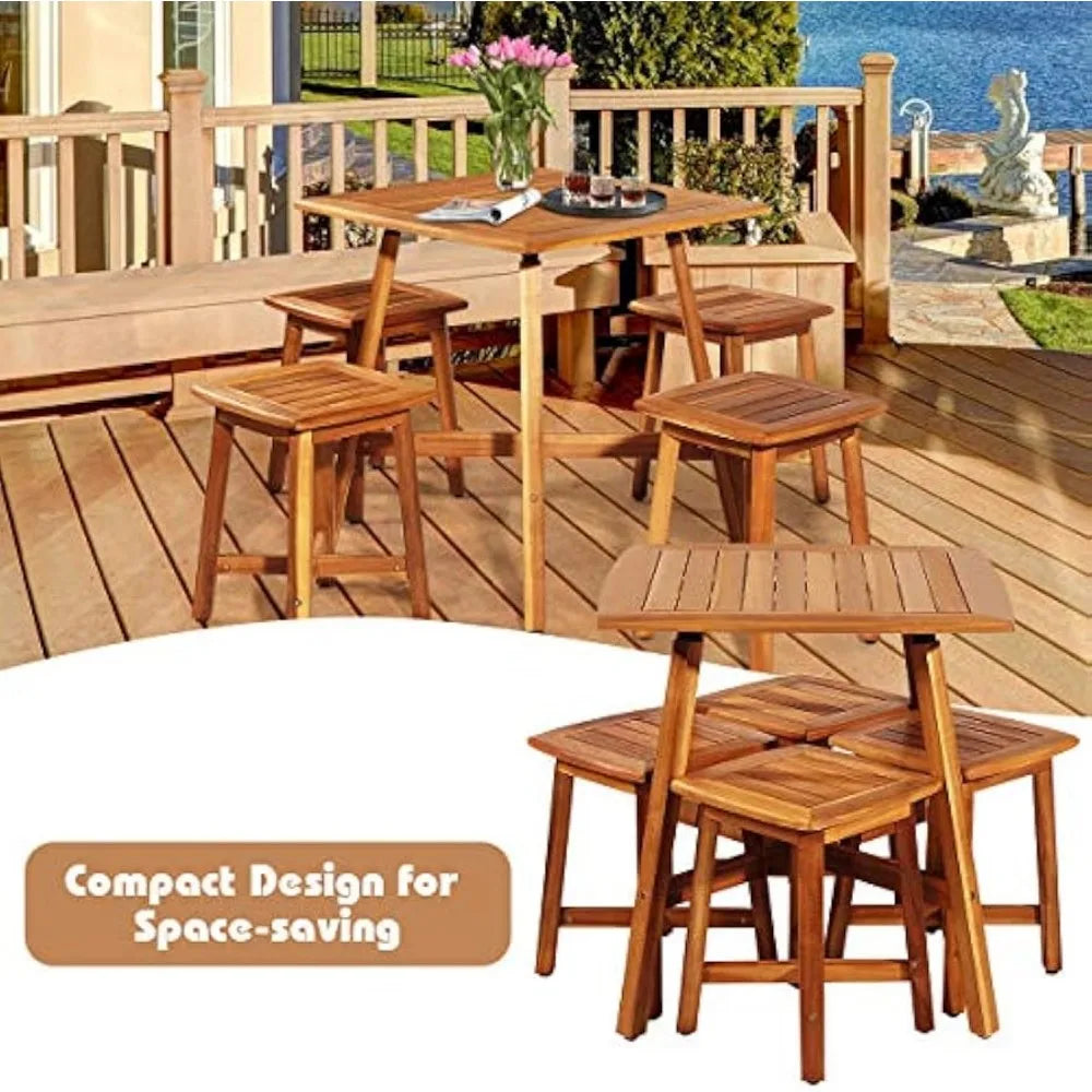 Acacia Wood 5 Piece Patio Dining Set With 4 Armless Stools