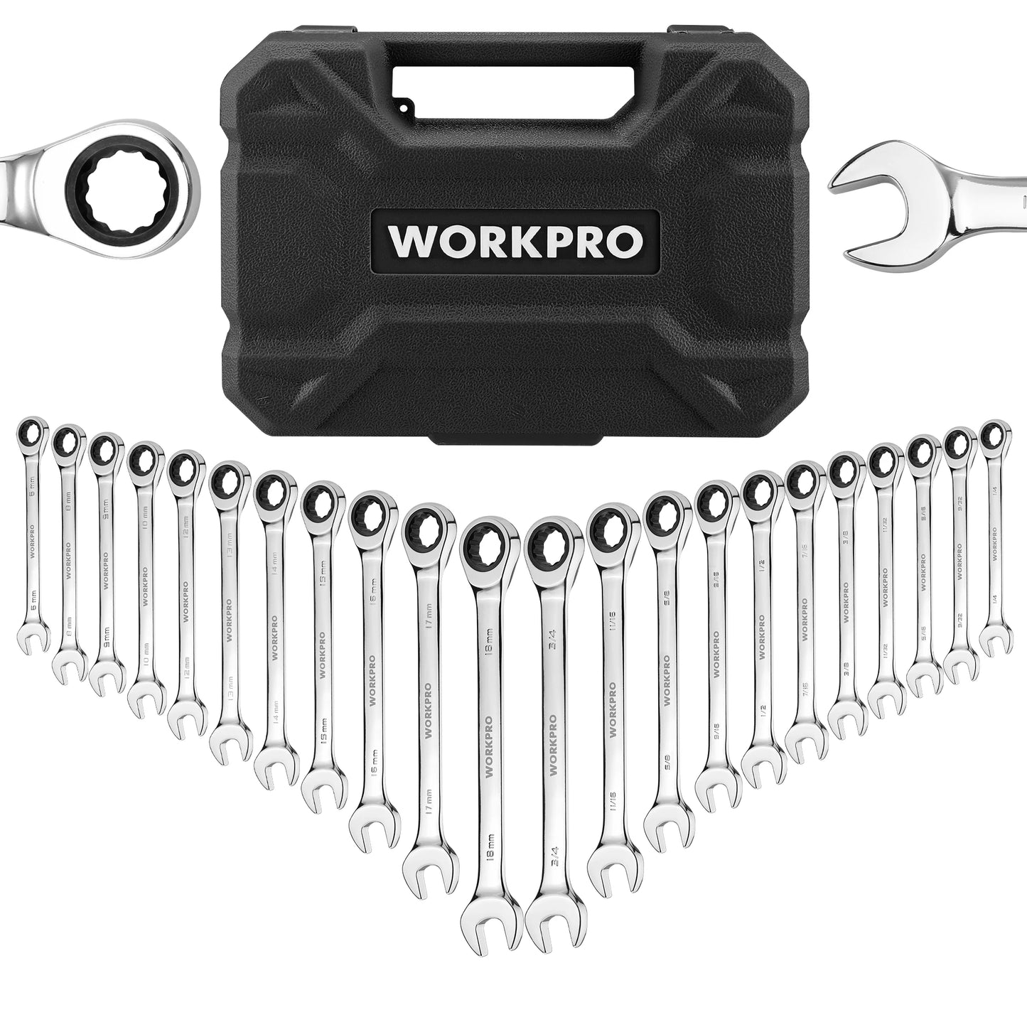 WORKPRO 22 Piece Ratcheting Wrench Set With Flex Head 72 Tooth Precision Gear For Automotive Repair Organizer Box