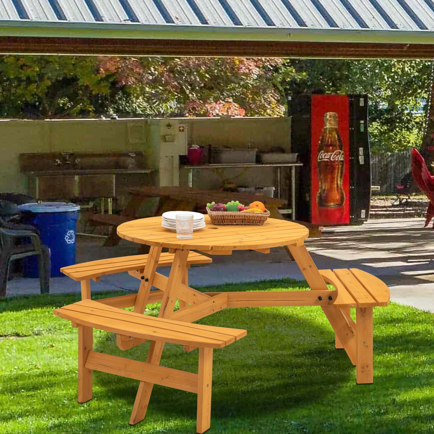 LZBEITEM 6 Person Outdoor Circular Wooden Picnic Table with Benches Set