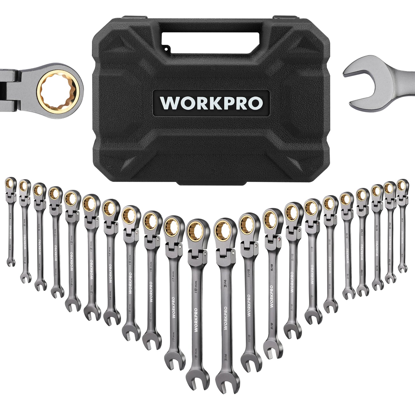 WORKPRO 22 Piece Ratcheting Wrench Set With Flex Head 72 Tooth Precision Gear For Automotive Repair Organizer Box