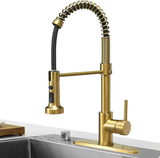 Brushed Gold High Arc Spring Kitchen Faucet with Pull Down Sprayer, Single Lever Kitchen. Handle
