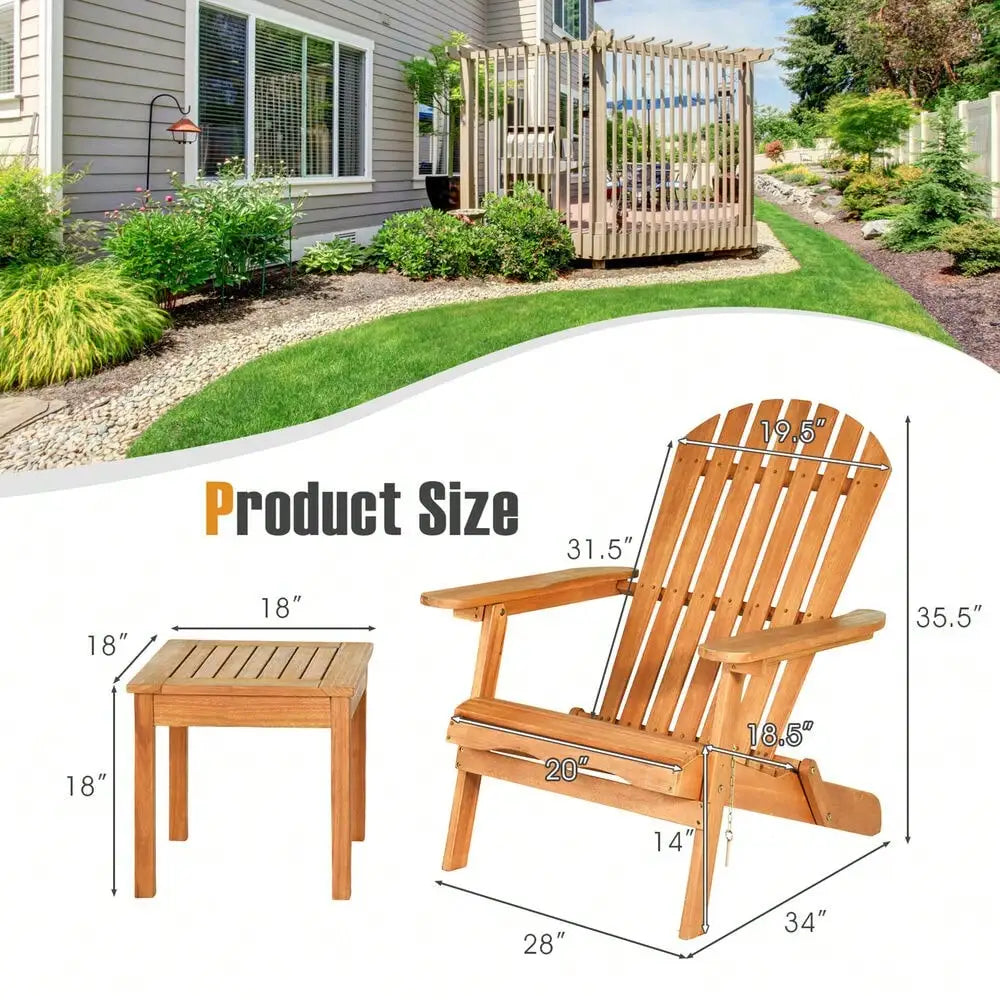 3 Pieces Eucalyptus Adirondack Chair Set with Side Table Outdoor Patio Natural