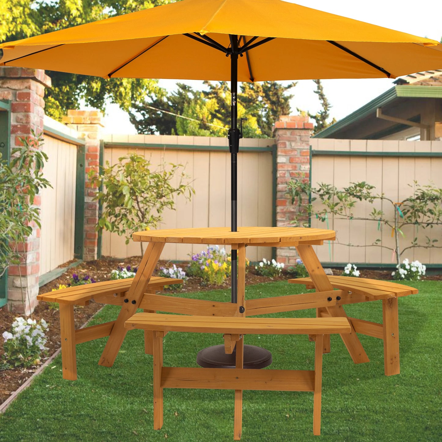 LZBEITEM 6 Person Outdoor Circular Wooden Picnic Table with Benches Set