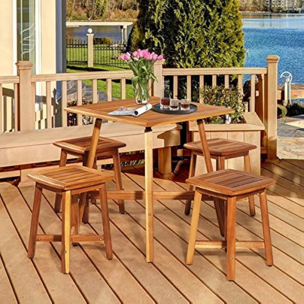 Acacia Wood 5 Piece Patio Dining Set With 4 Armless Stools