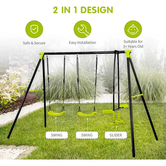 Triple Children Metal Safe Swing Set 440 Pounds Outdoor Playground Three Seat Swing Black and Green Ages 3 Plus