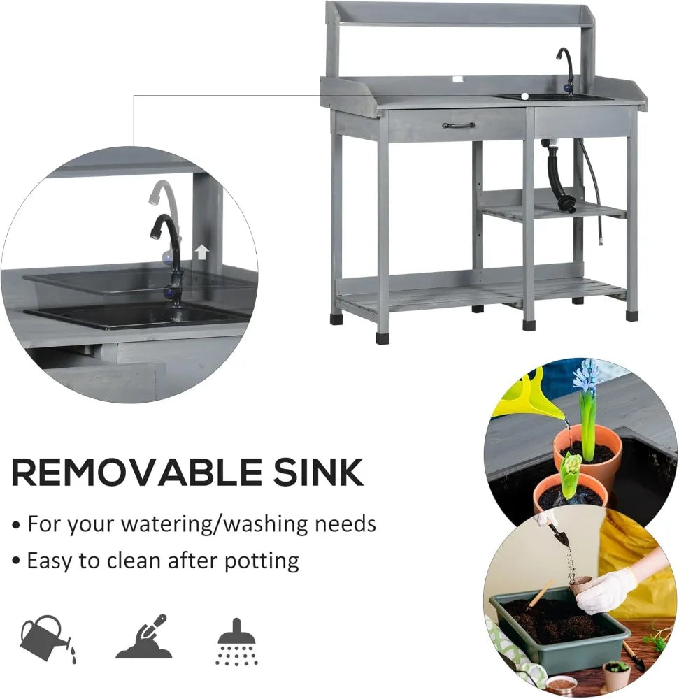 Outdoor Wooden Potting Bench Table with Removable Sink and Workstation Features