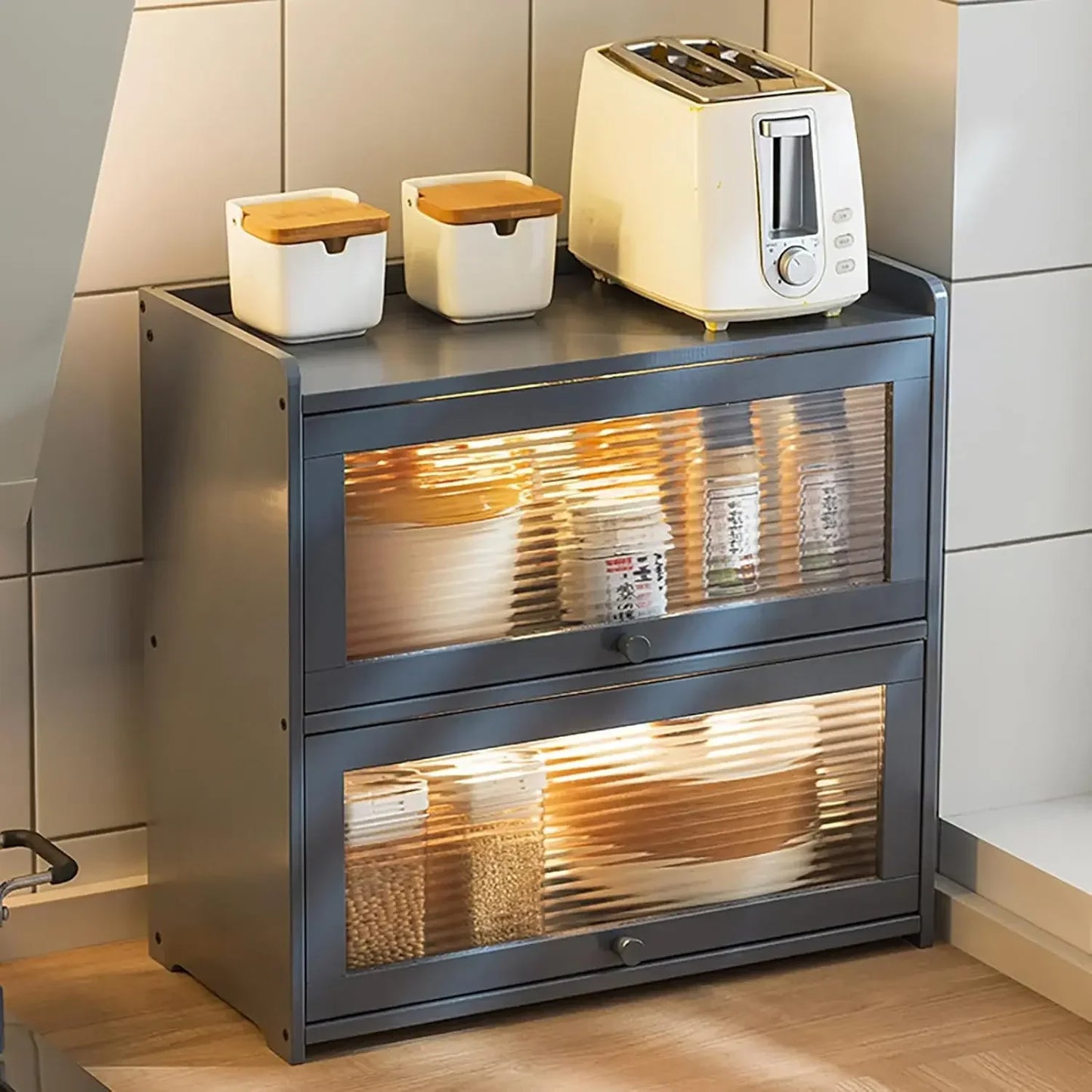 Small Bamboo Kitchen Pantry Sideboard Storage Cabinet with Acrylic Door