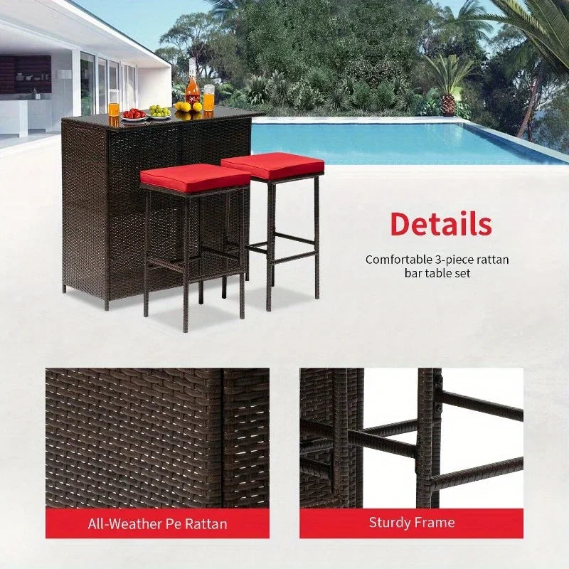 Three-Piece Outdoor Bar Set Wicker Counter High Table Set with Solid Frame