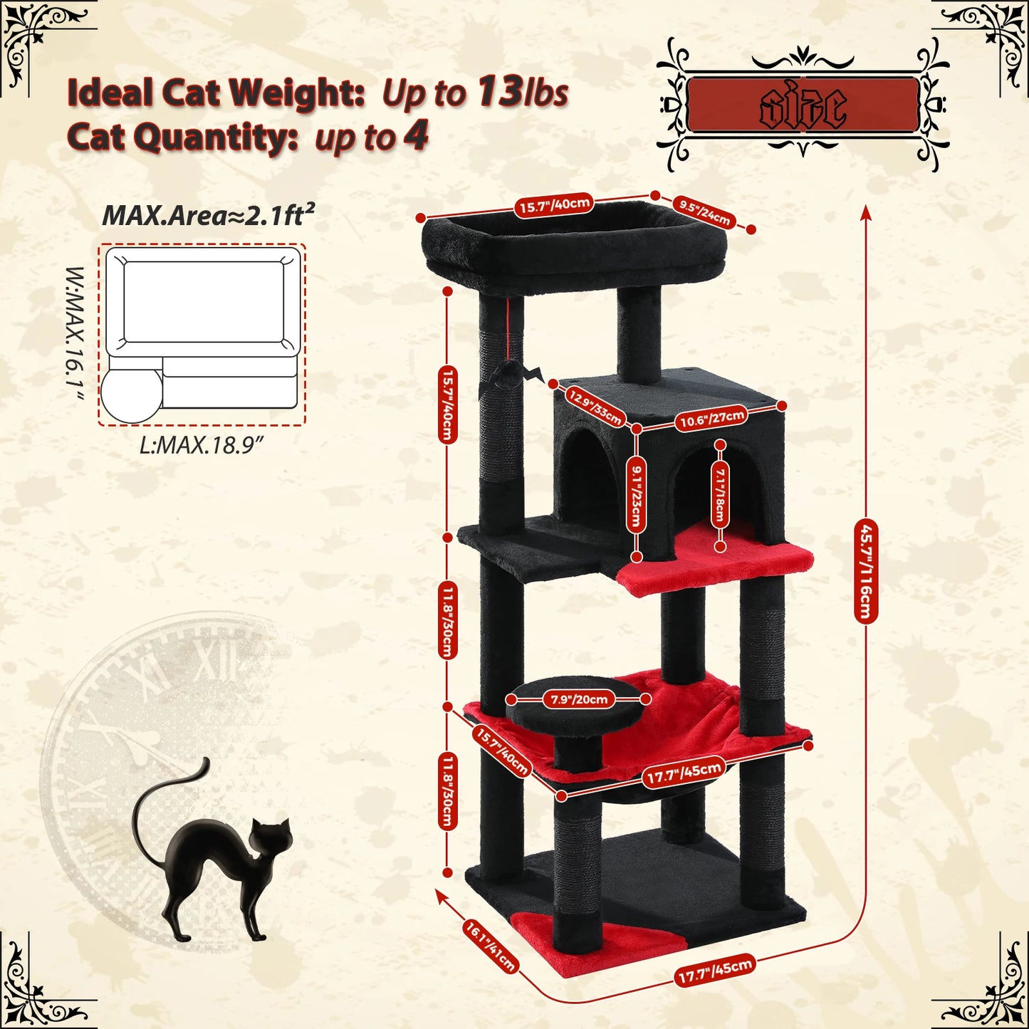 Gothic Cat Tree Tall Cat Tower with Super Large Hammock