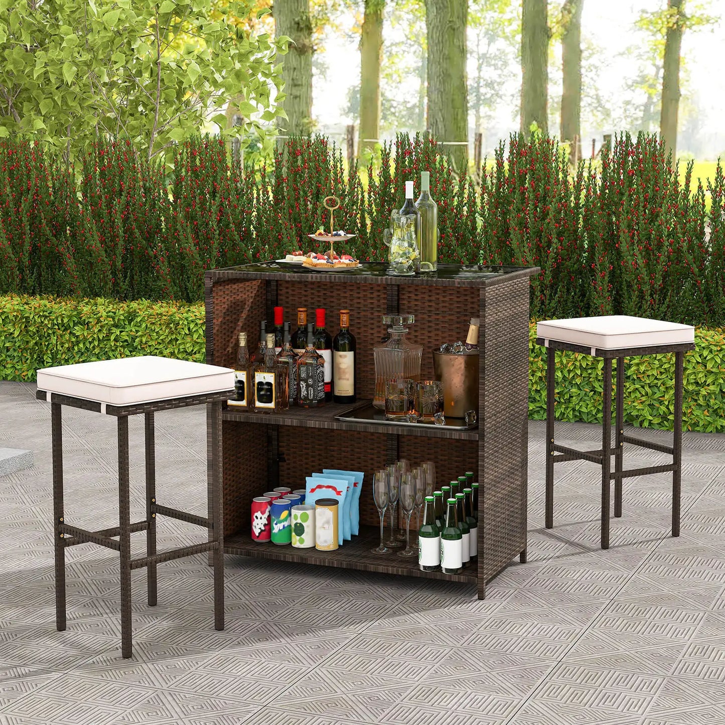 3 PCS Patio Bar Set with Tempered Glass Tabletop 2-Tier Storage Removable Cushions