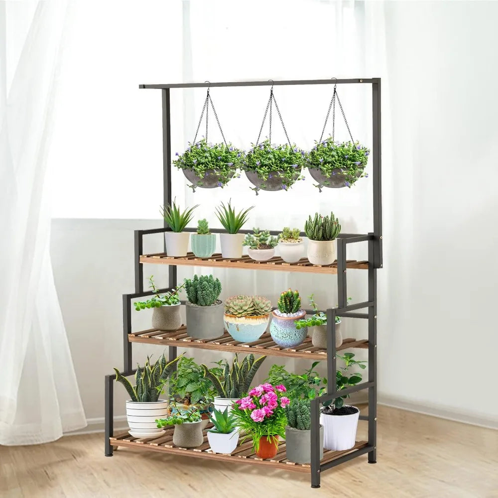 3 Tier Wood Plant Stand With Metal Frame Outdoor Indoor