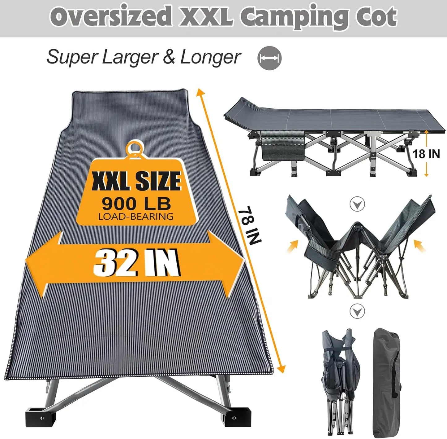 2 Pack Oversized XXFolding Camping Cot With Mat Heavy Duty Outdoor Bed