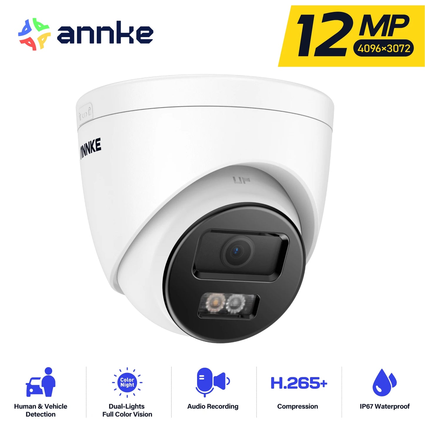 ANNKE 12MP Smart Dual Light Turret Network Camera with 2.8mm Lens Motion Detection Built-in Microphone Waterproof for Smart Home
