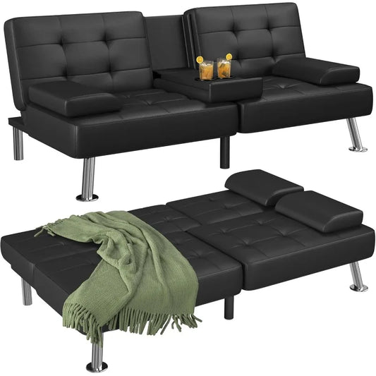 Futon Sofa Bed Set, Convertible Recliner Lounge with 2 Cup Holders, Removable Armrests