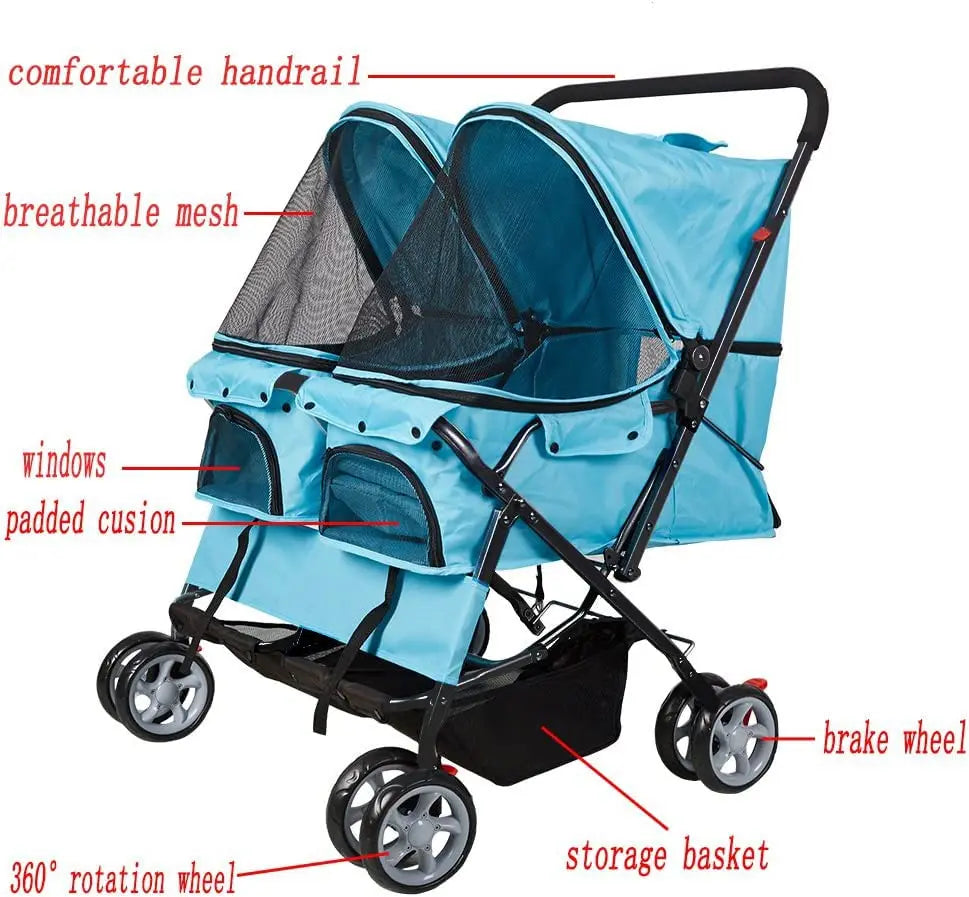 Foldable Double Pet Stroller for Two Dogs Cats with Four Wheels and Storage