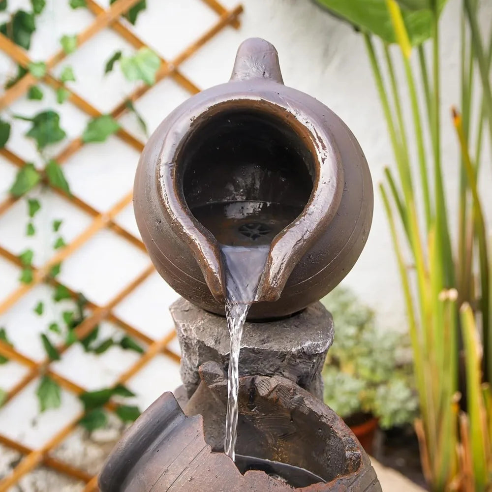 45 Inch Outdoor Water Fountain with Planter Pot and LED Lights for Garden