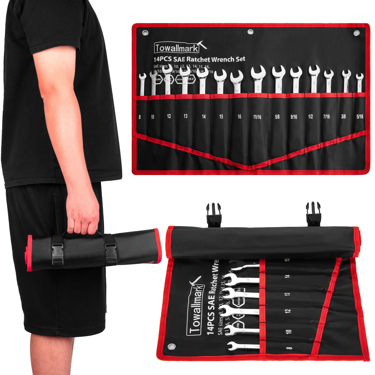 DIY Supplies 14 Piece Ratcheting Wrench Set With Metric Flex Head And CRV Steel Pouch Included For Home Car Bike