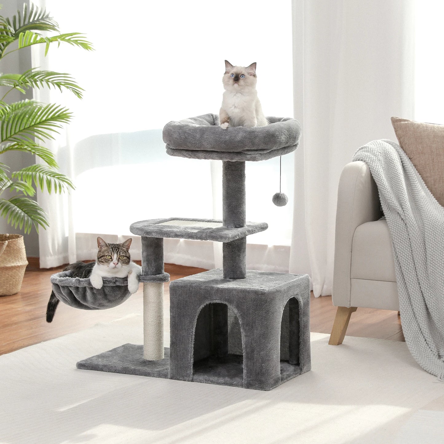 H228cm Cat Tree Toy Condo Cat Climbing Tower Solid Wood