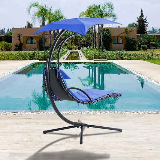 Hanging Curved Steel Chaise Lounge Swing w/Built-in Pillow and Removable Canopy for Patio Porch