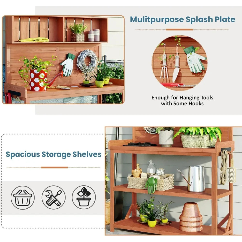 Large Wooden Farmhouse Rustic Outdoor Potting Bench with Storage Shelves