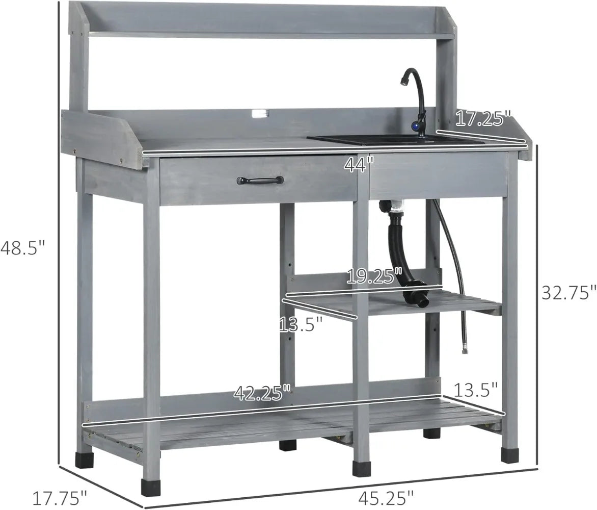 Outdoor Wooden Potting Bench Table with Removable Sink and Workstation Features