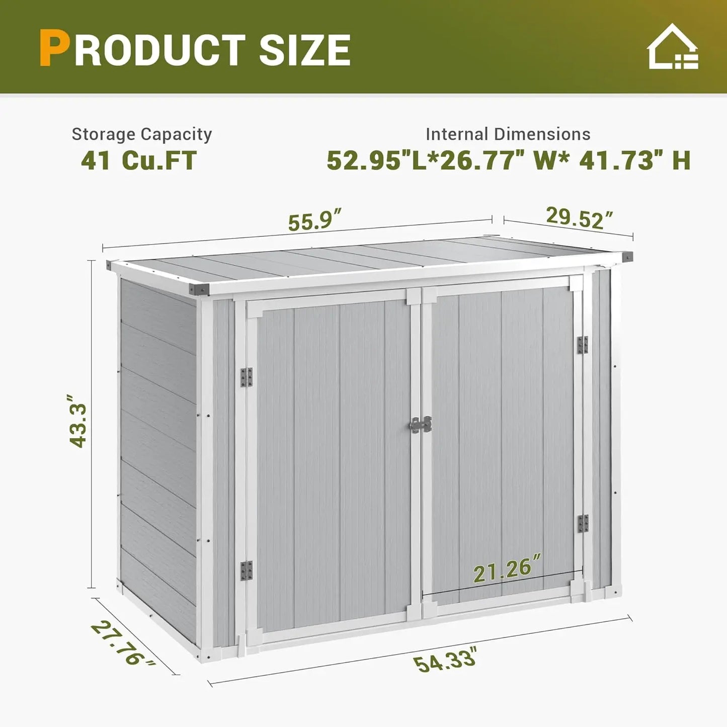 41 Cu. Ft Horizontal Storage Shed, Weatherproof Resin  Shed with Floor Thickened, Lockable Doors