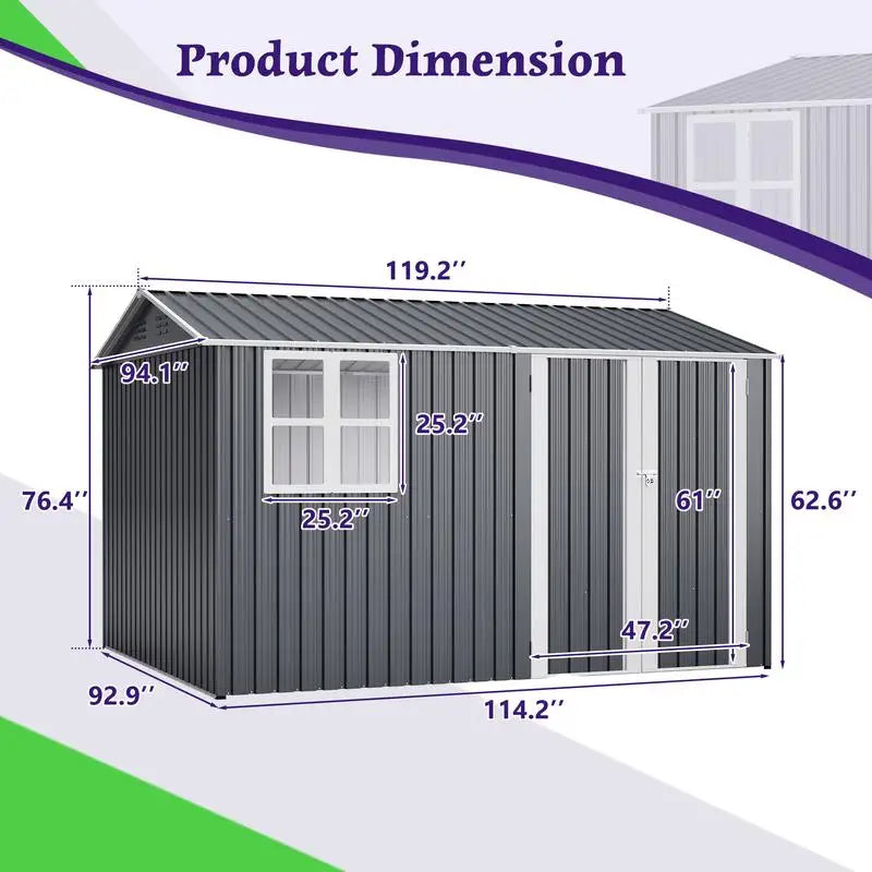 Outdoor Steel Storage Shed 10x8ft Lockable Weatherproof