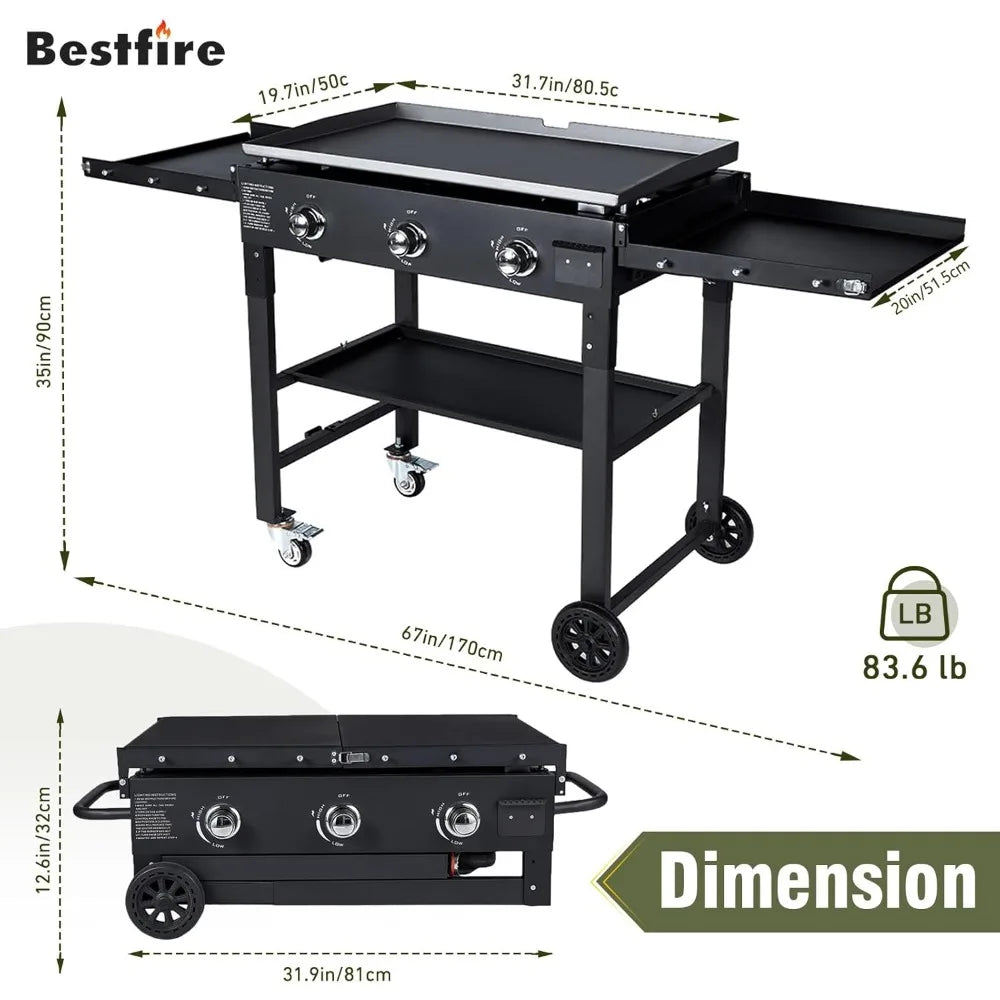 35 Inch 3 Burner Flat Top Grill 45000 BTU With Shelves