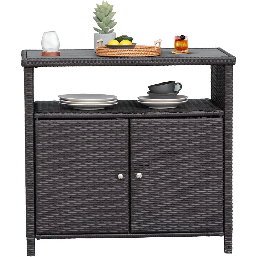 Outdoor Wicker Storage Cabinet Waterproof Patio Sideboard