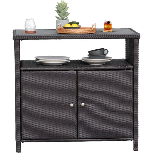 Outdoor Wicker Storage Cabinet Waterproof Patio Sideboard