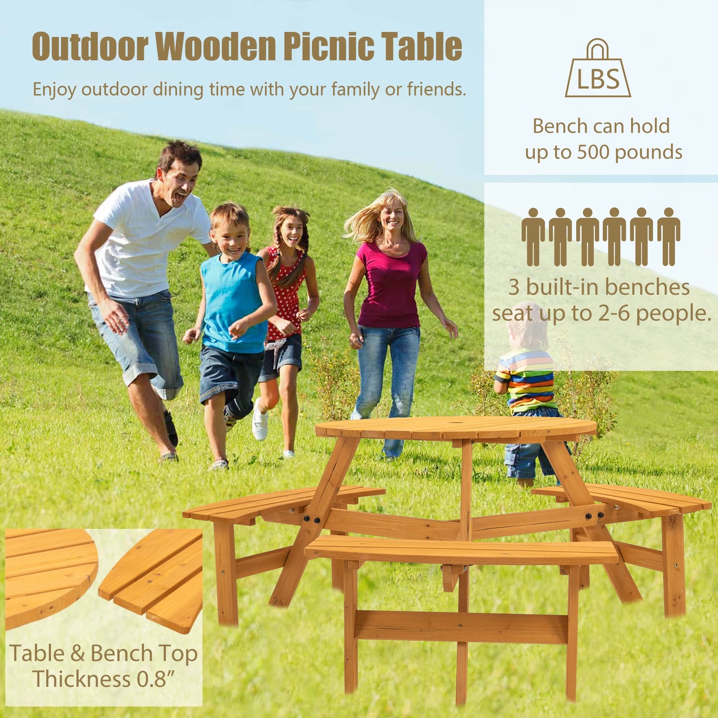 LZBEITEM 6 Person Outdoor Circular Wooden Picnic Table with Benches Set