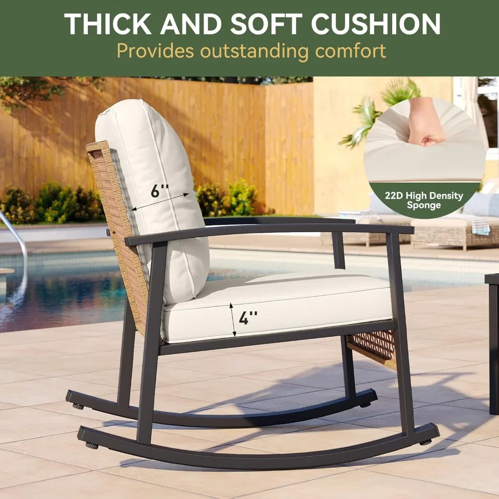 3 Piece Outdoor Rocking Bistro Set with Coffee Table and Thick Cushions