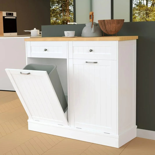 Tilt Out Trash Cabinet 10 Gallon Wooden Laundry Sorter with Hideaway Drawer