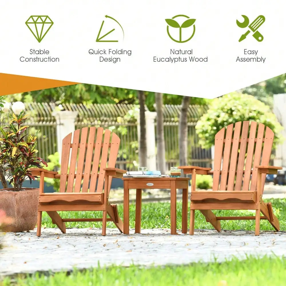 3 Pieces Eucalyptus Adirondack Chair Set with Side Table Outdoor Patio Natural