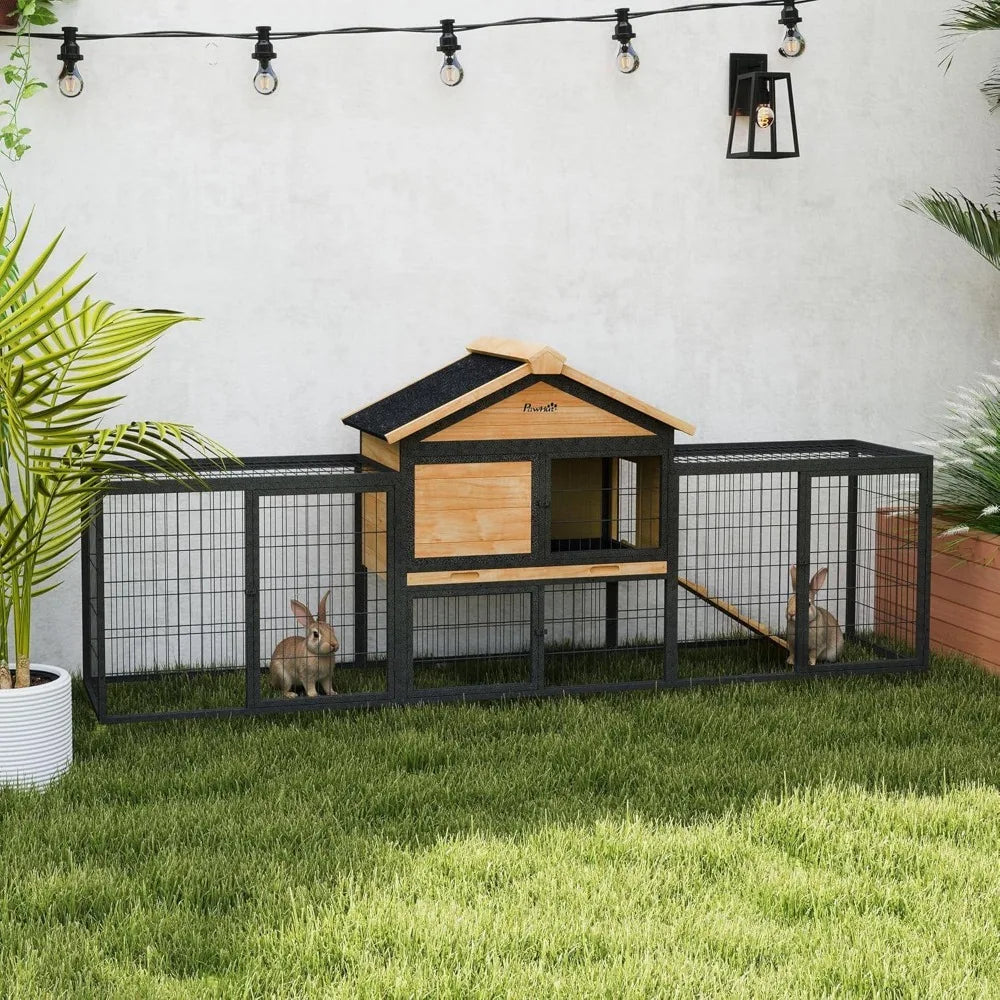 Rabbit Hutch Outdoor 85 Inch Large Wooden Bunny Cage with Steel Run Waterproof Roof Removable No Leakage Tray and Ramp