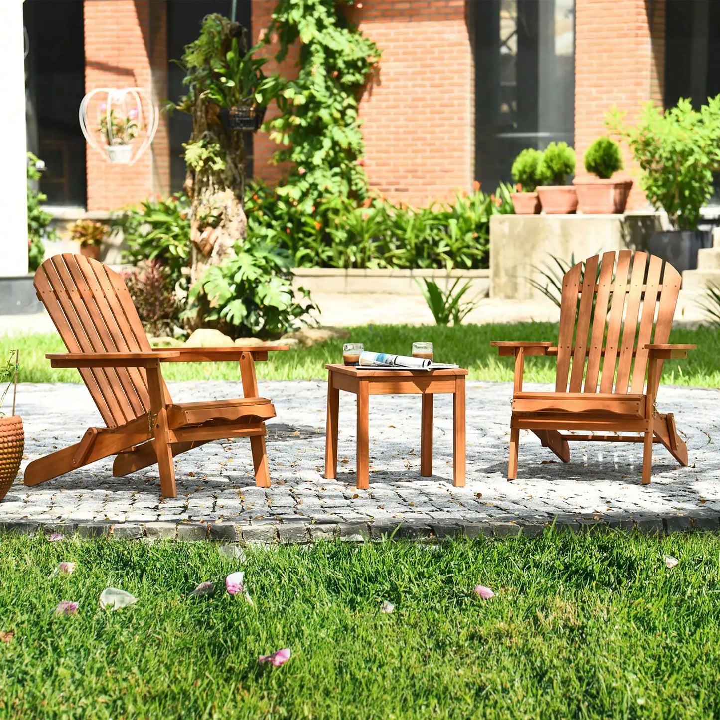 3 Pieces Eucalyptus Adirondack Chair Set with Side Table Outdoor Patio Natural