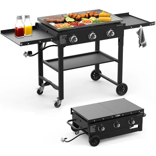 35 Inch 3 Burner Flat Top Grill 45000 BTU With Shelves