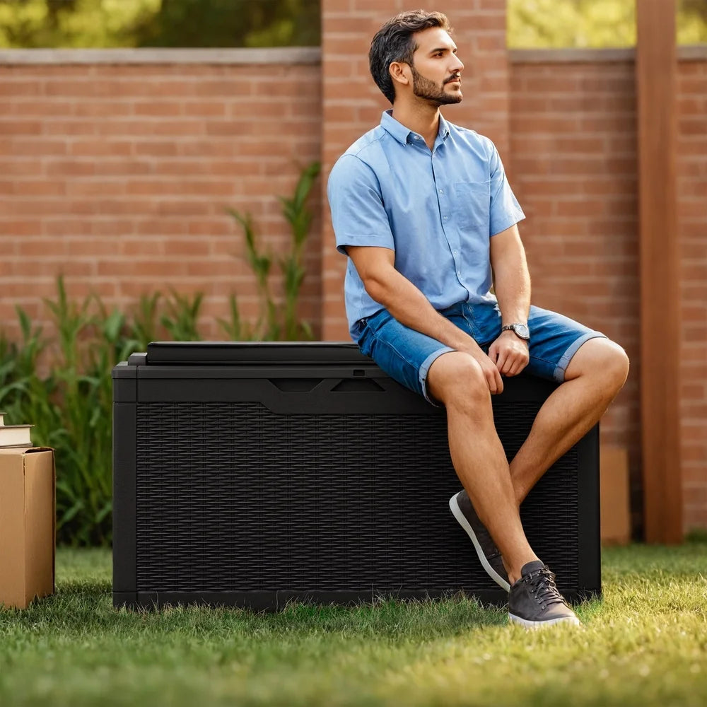 Classic Outdoor Resin Deck Box 100 Gallon Lockable Storage Container Waterproof Organizer for Patio Lawn and Pool Toys