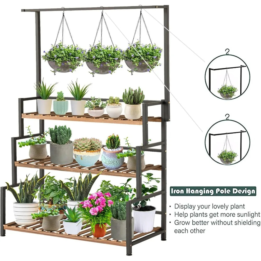 3 Tier Wood Plant Stand With Metal Frame Outdoor Indoor