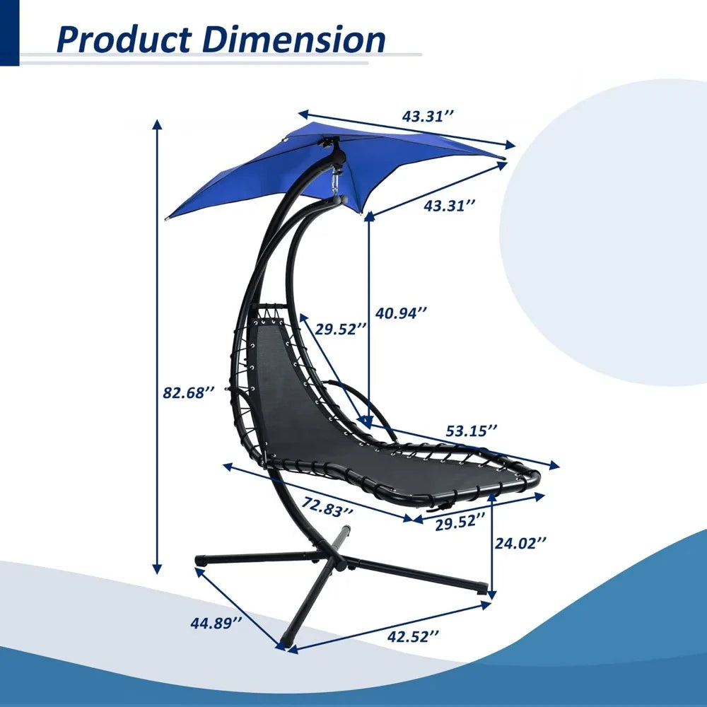 Hanging Curved Steel Chaise Lounge Swing w/Built-in Pillow and Removable Canopy for Patio Porch