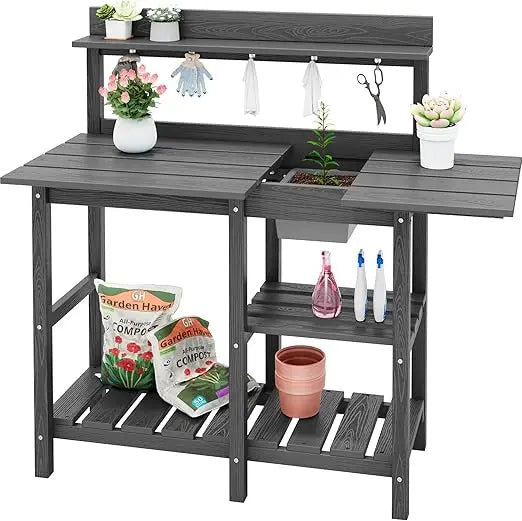 Gray HDPE Outdoor Potting Bench with Sink for All Weather Gardening Use