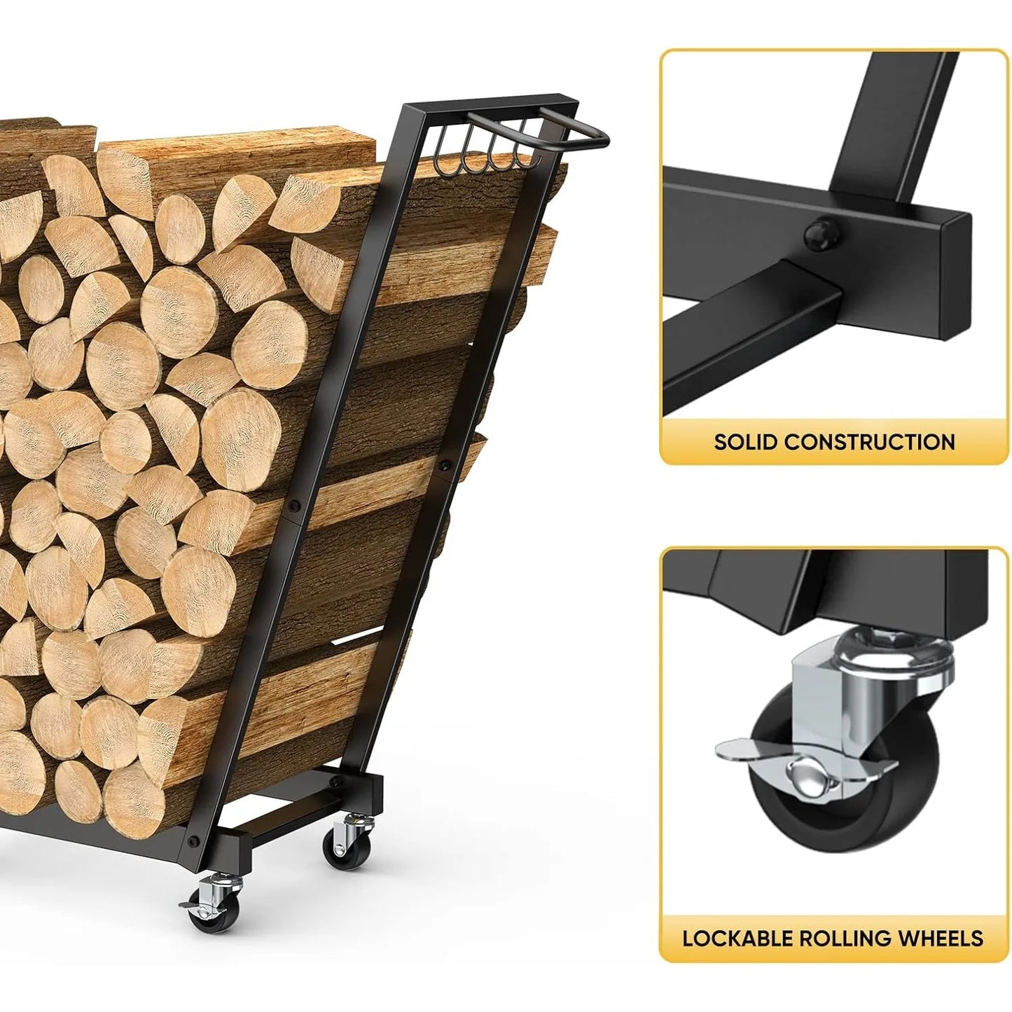 Mobile Firewood Rack with Wheels and Removable Kindling Shelf for Indoor Outdoor Use